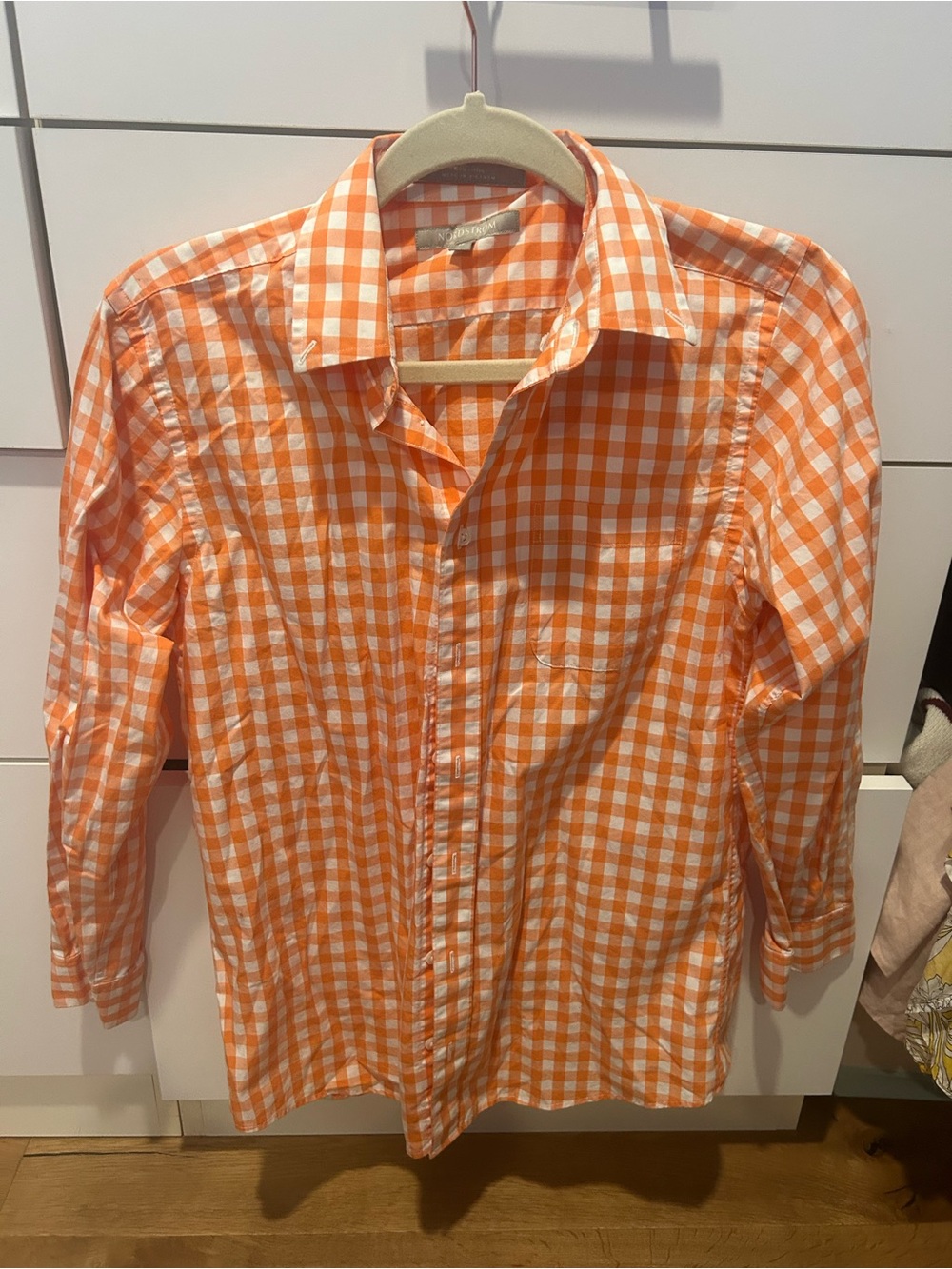Nordstrom Orange and White Gingham Button-Down Shirt size small/xs